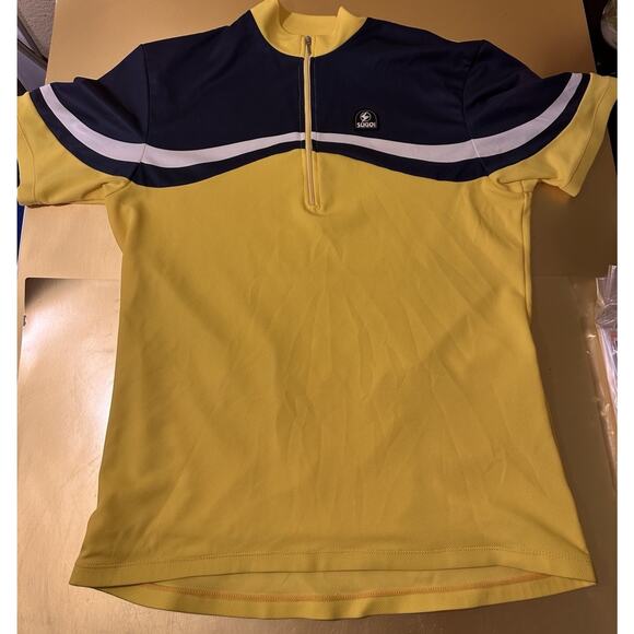 Sugoi Cycling Jersey Men Large Half Zip CoreTech Yellow Blue & White 3 Pockets - Picture 2 of 5